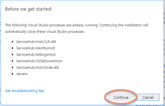 Close Visual Studio before changing the installation